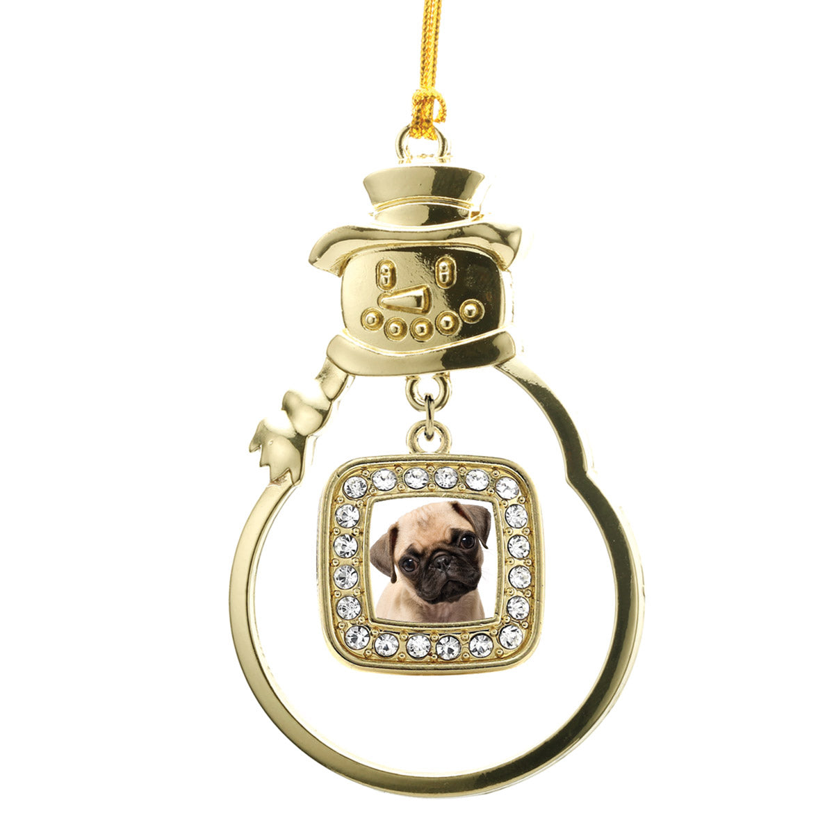 Gold Pug Square Charm Snowman Ornament