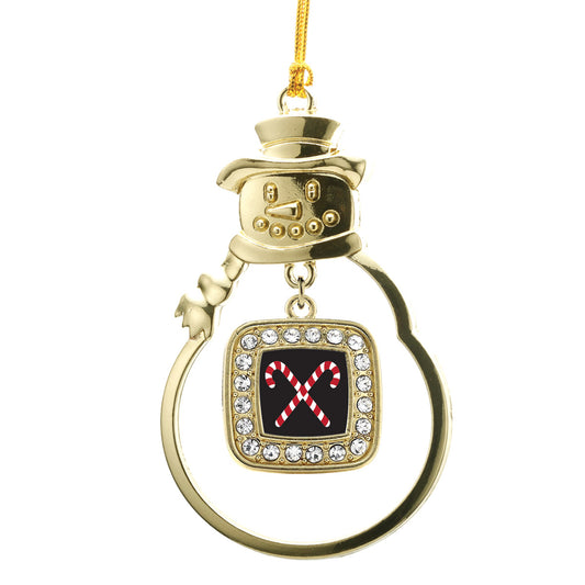 Gold Candy Cane Square Charm Snowman Ornament