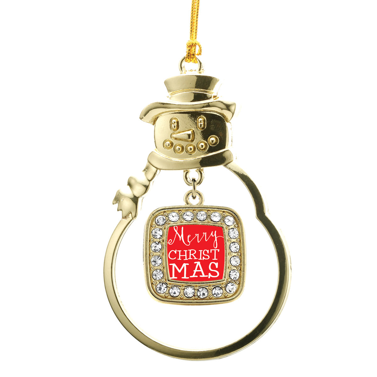 Gold Merry Christmas Square Charm Snowman Ornament