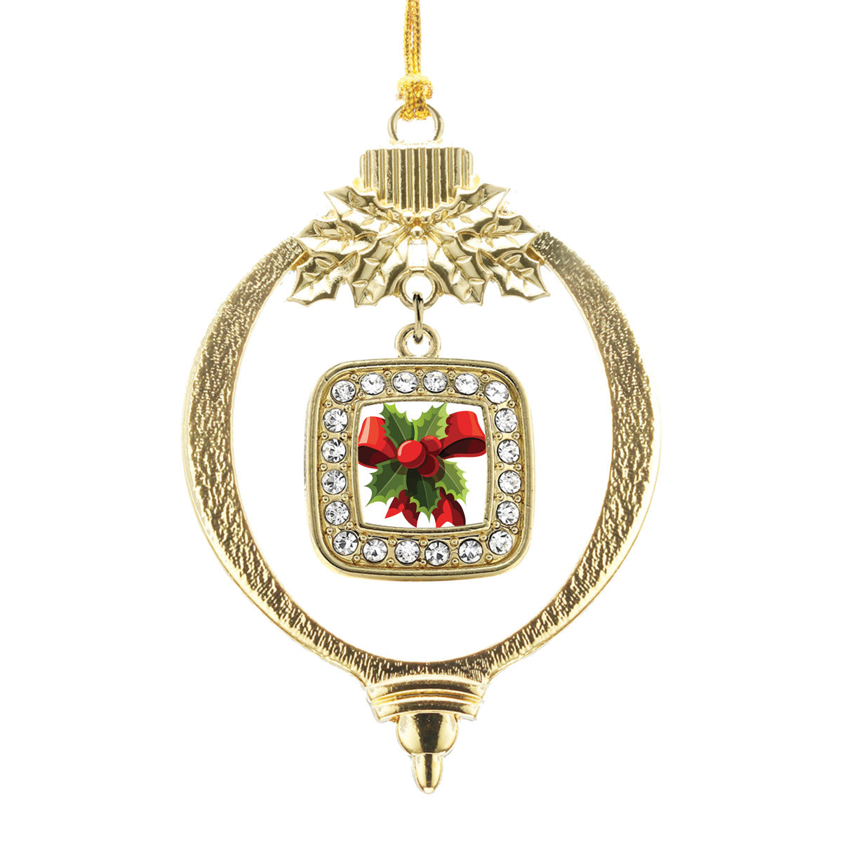 Gold Holly Plant Square Charm Holiday Ornament