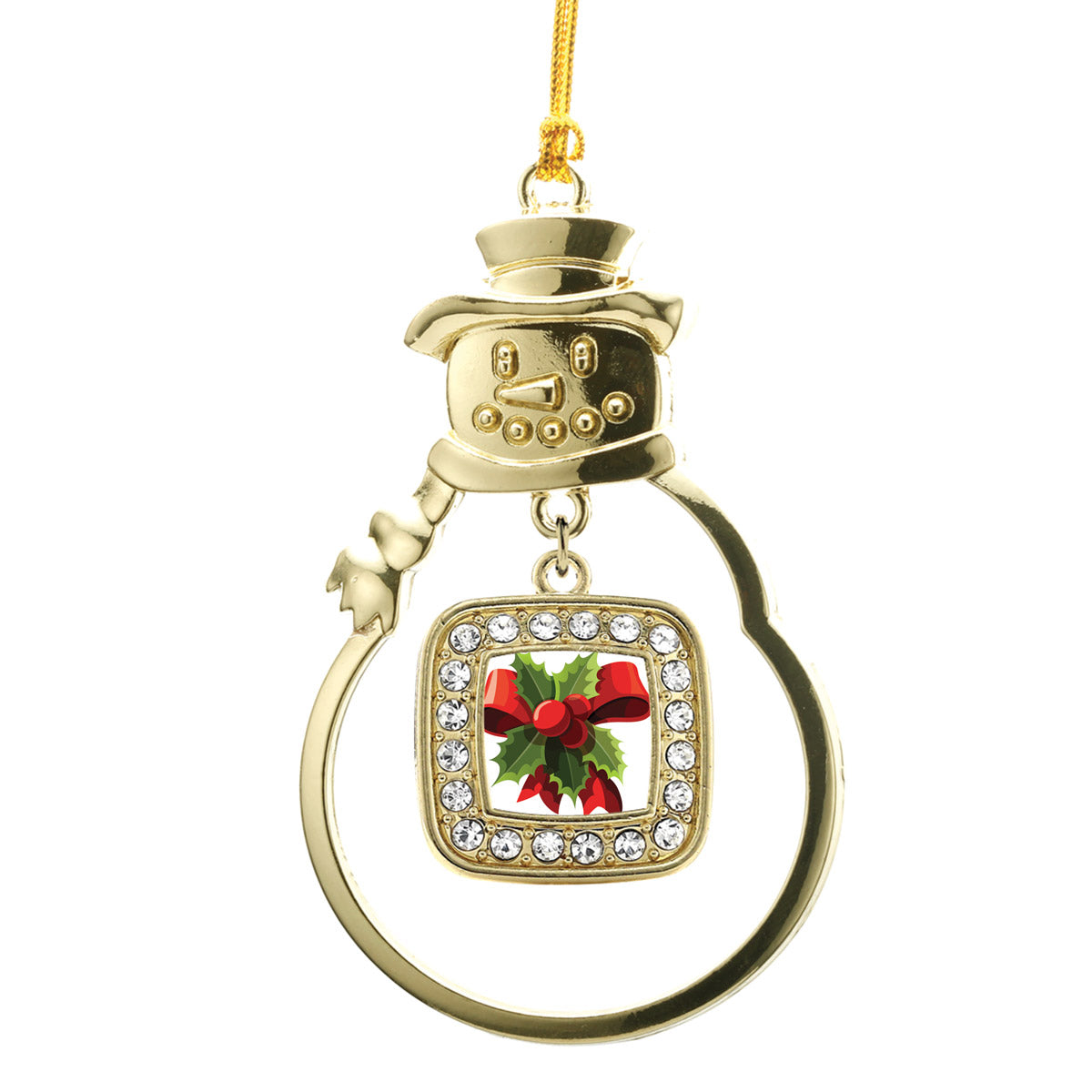 Gold Holly Plant Square Charm Snowman Ornament