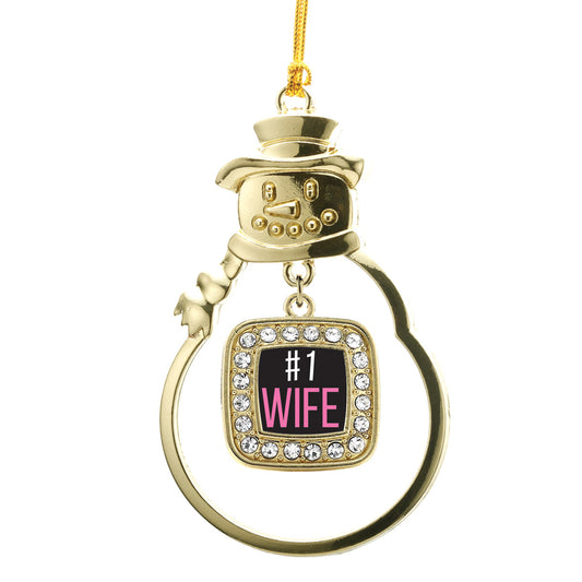 Gold #1 Wife Square Charm Snowman Ornament