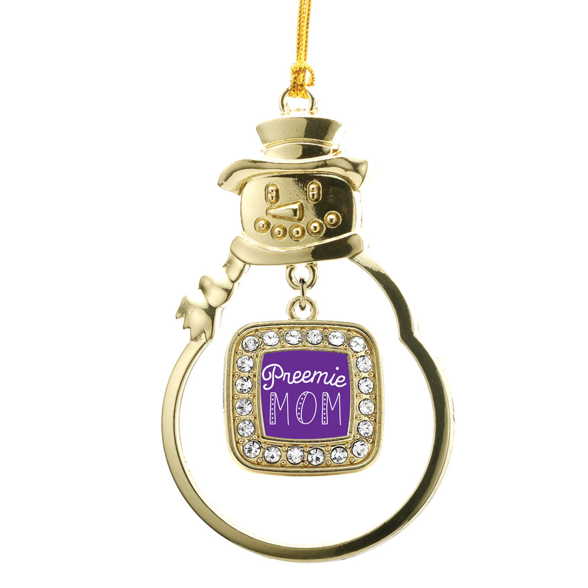 Gold Preemie Mom Square Charm Snowman Ornament