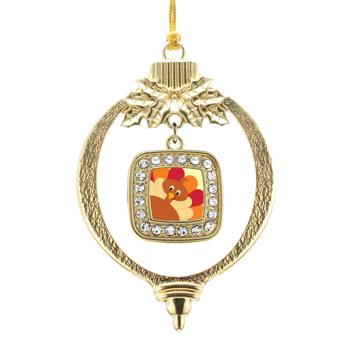 Gold Turkey Square Charm Holiday Ornament