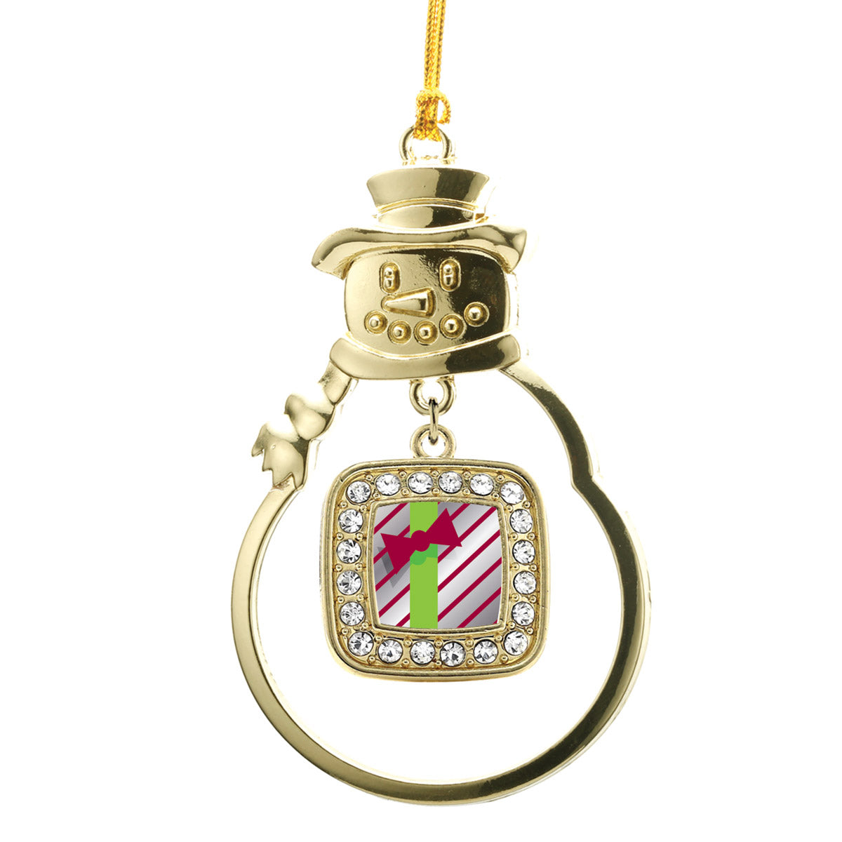Gold Sparkling Present Square Charm Snowman Ornament
