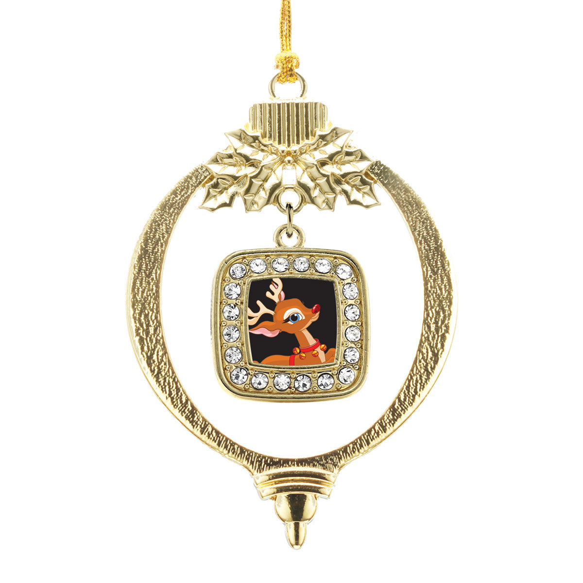 Gold Red Nosed Reindeer Square Charm Holiday Ornament