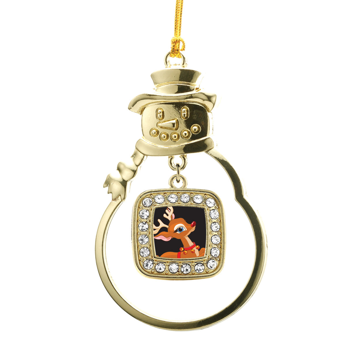 Gold Red Nosed Reindeer Square Charm Snowman Ornament