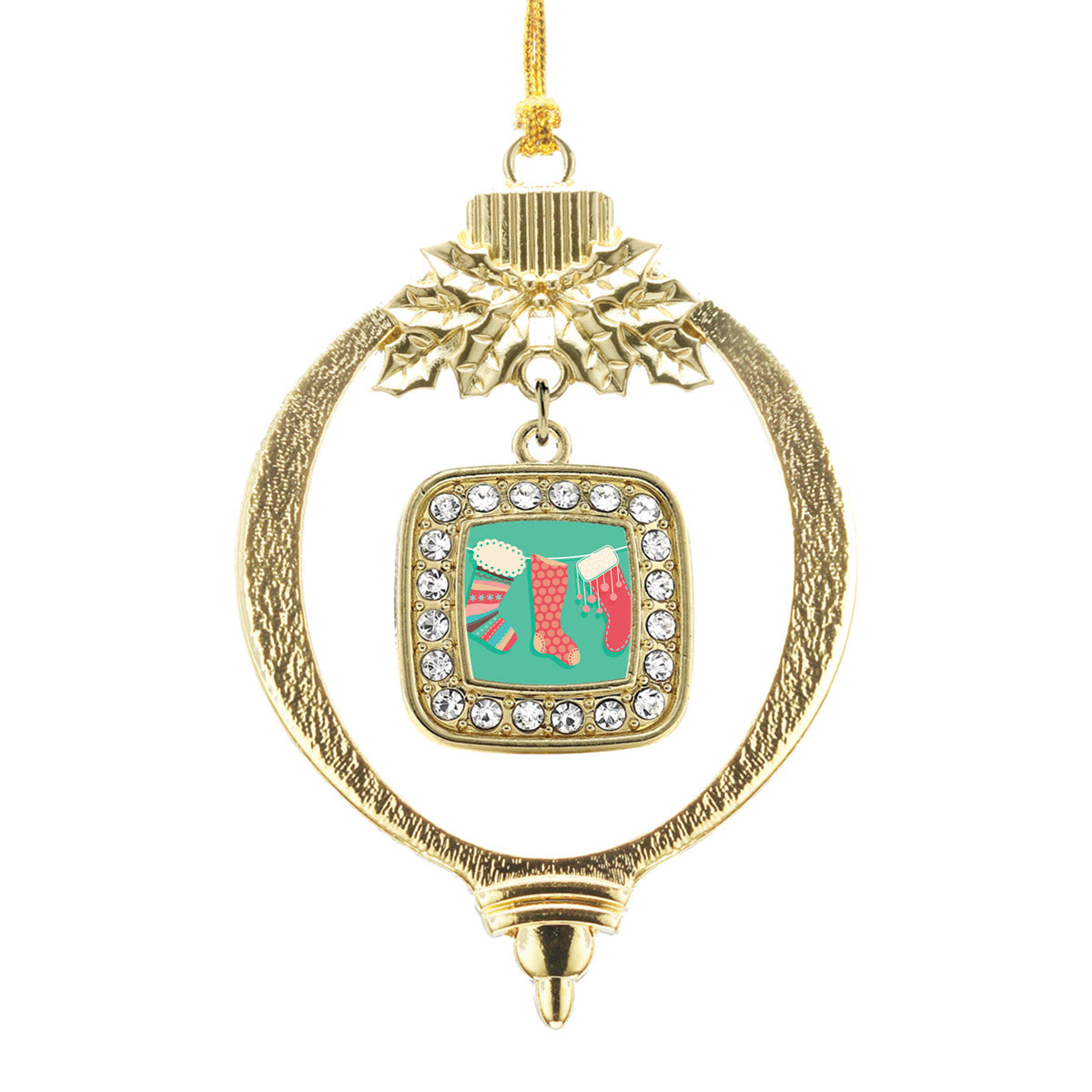 Gold Holiday Stockings Square Charm Holiday Ornament