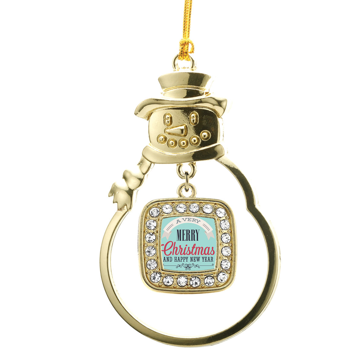 Gold Very Merry Square Charm Snowman Ornament
