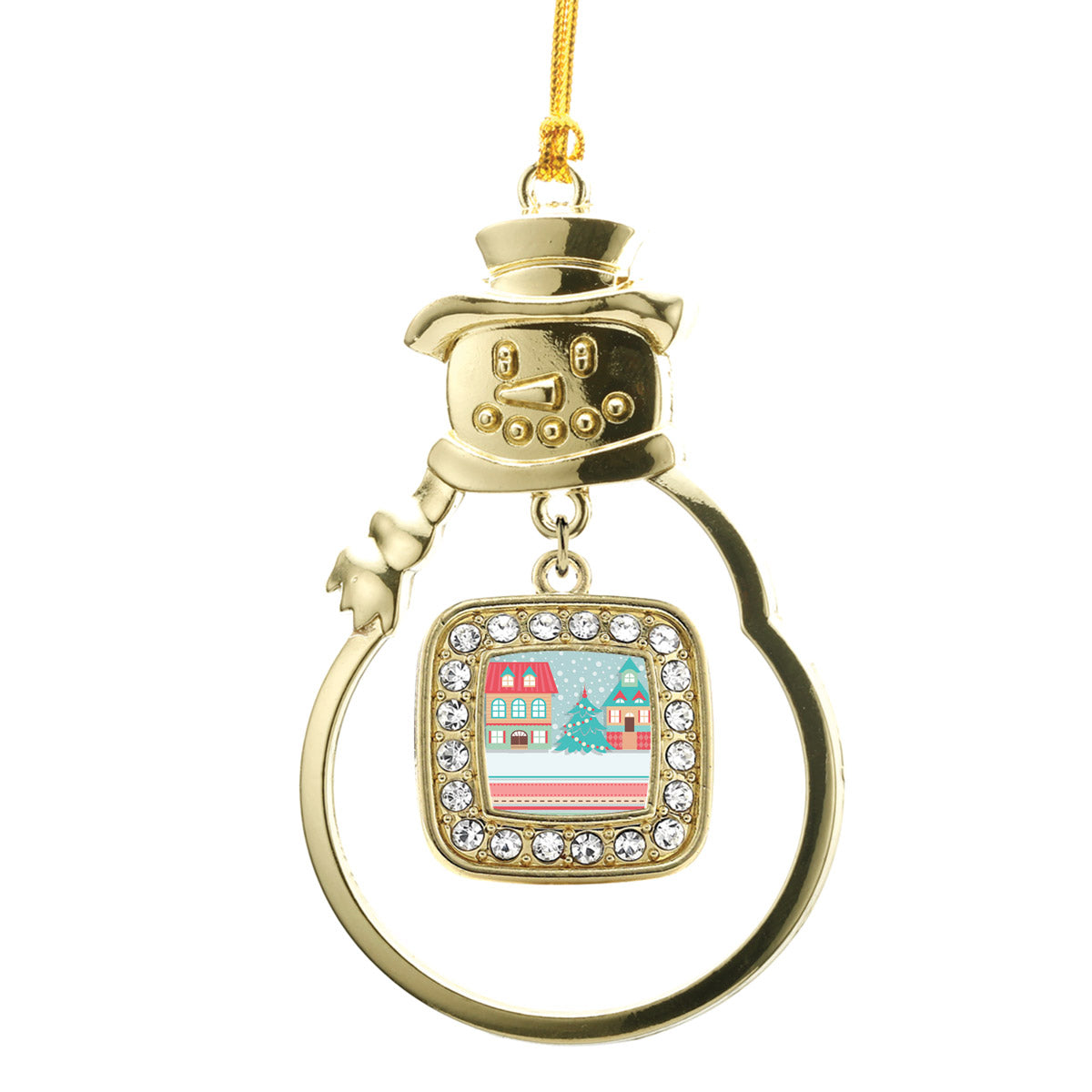 Gold Winter Wonderland Square Charm Snowman Ornament